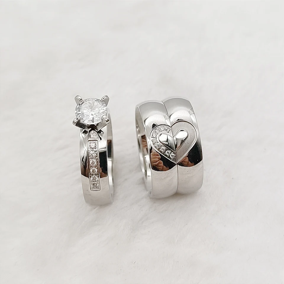 Love Alliance Heart Cubic zirkónia diamantové svadobné zásnubné prstene Svadobná súprava pre páry striebro 316L šperky z nehrdzavejúcej ocele