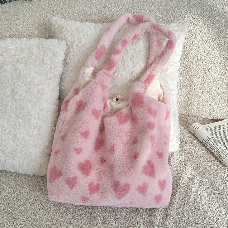Love Heart Mäkké plyšové dámske vrecká na ramenné ramená veľkej kapacity Dámske vesty podpazušie kabelky