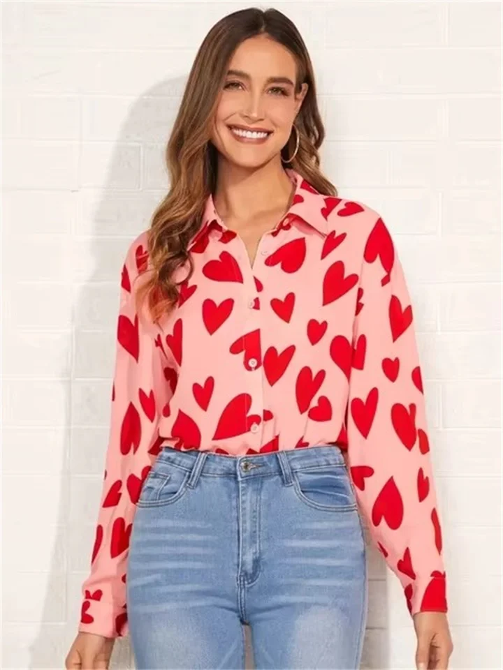 Love Heart Pattert Print Dámske blúzky módne elegantné klopa s dlhým rukávom Jar jar 2025 Dámske single Breested košele