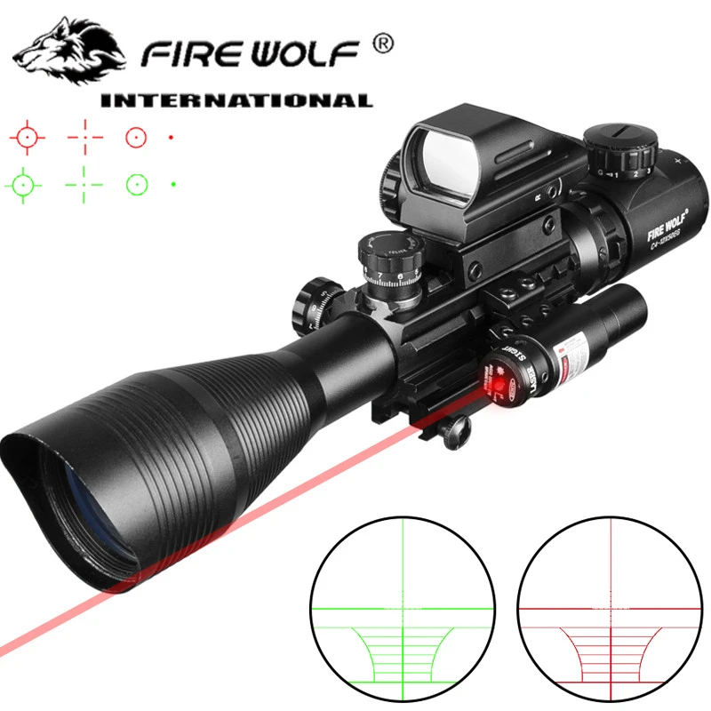 Lovecké airsofts Riflescope 4-12x50, napr. 3 v 1 taktická vzduchová pištoľ červená zelená bodka laserový zrak rozsahu Pušky Holographic Optics Puška Rozsah