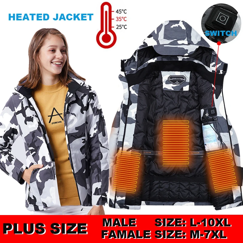 Lovecké bundy Ženy vyhrievané bundy muži vodotesné vykurovacie bundy USB s kapucňou Windbreaker Elektrické vyhrievané oblečenie 6xl 8xl 10xl