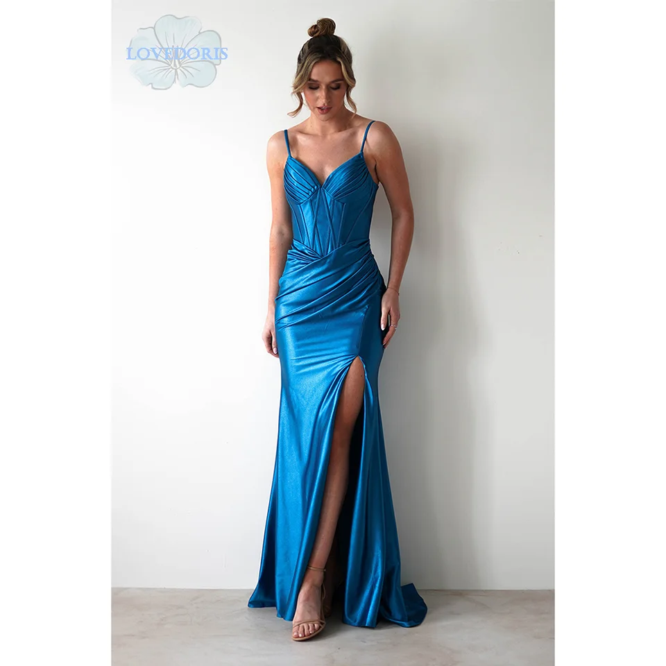 Lovedoris družička Šaty V-krk Split Evening Evening Prom šaty A-line Slim Party Dress Backless Weddins Dress Prispôsobte si