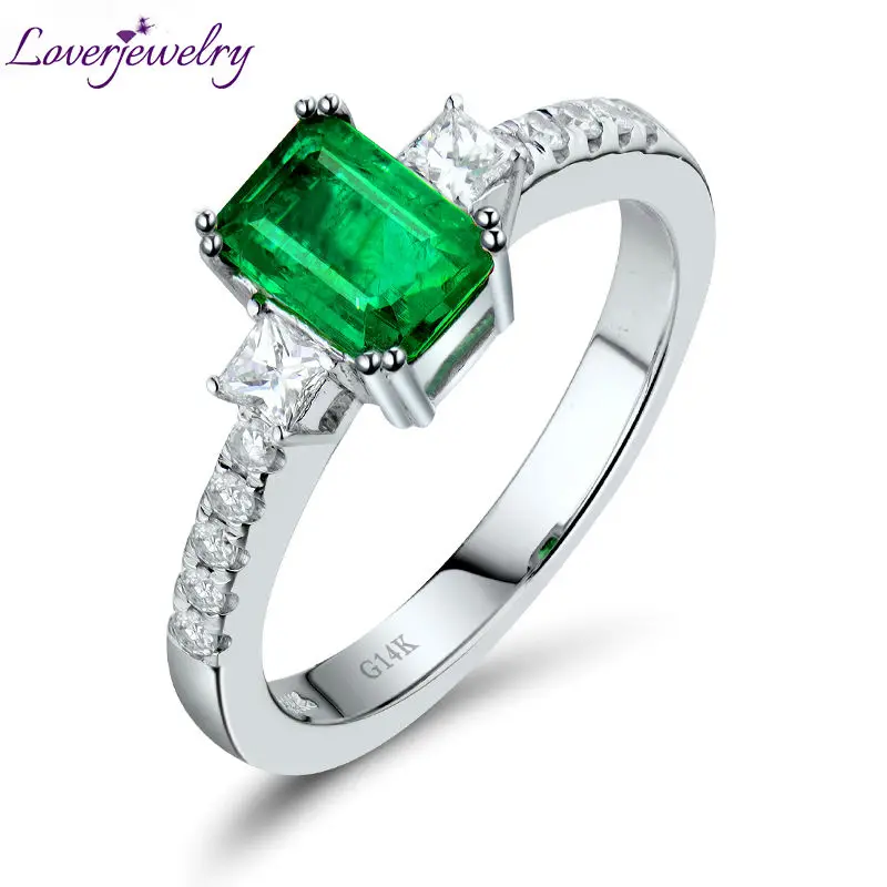 LoverJewelry Real 14k White Gold Ring pre ženy smaragd rez na prírodné zelené drahokam