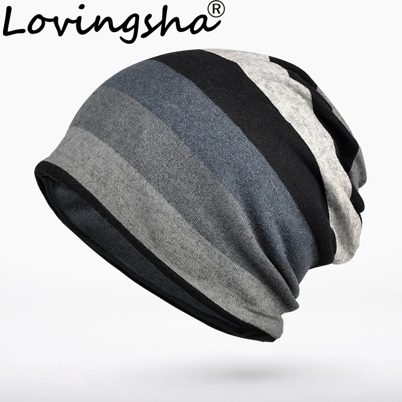 Lovingsha jesenné zimné lebky čiapky čiapky Stripe Design Dual-Používa Ženy Klobúky pre dámy Thin Girl Fashion Feminino Scarf HT185