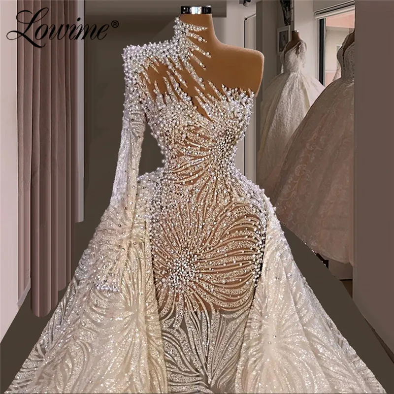 Lowime Luxury One Rameno Mermaid Večerné šaty Prispôsobené Dubaj Diamond Pearls dlhé celebrity šaty korálkové šaty
