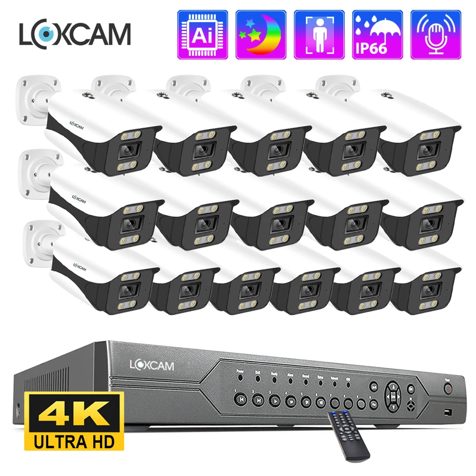 Loxcam 16ch Poe NVR Kit 4K CCTV Security Camera Camera System 8MP AI Human Detect Color Night Waterproof Audio Video Durveillance Set
