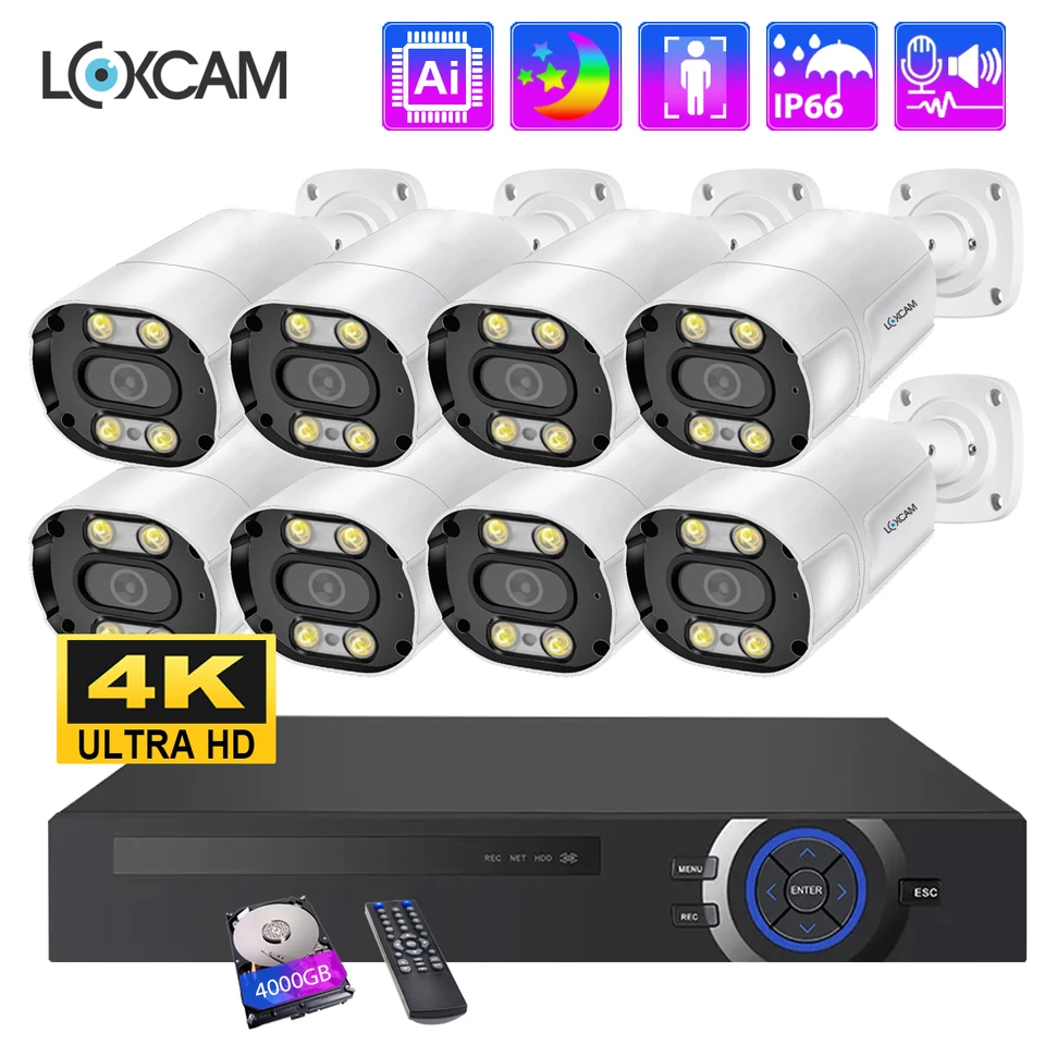 LOXCAM 8CH CCTV System 10ch Poe NVR Kit 4K 8MP AI Human Detect Two Way Audio Outdoor Color Night Camera Video Durveillance Set
