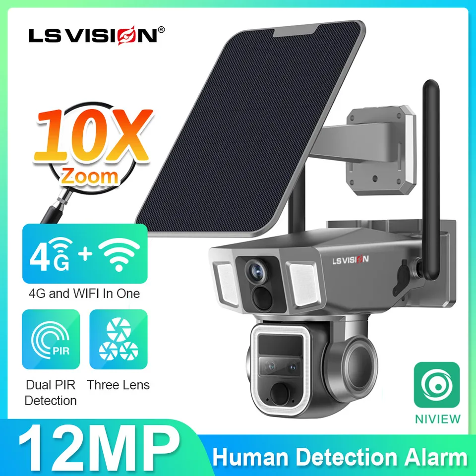 LS Vision 4G a WiFi v 1 solárnej bezpečnostnej fotoaparáte bezdrôtové vonkajšie vonkajšie 6K duálna obrazovka 10x Zoom Automatické sledovanie CCTV sledovanie kamery Cam