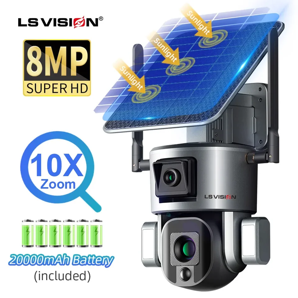 LS Vision 4K 8MP HD DUULSS DUALSS 4G SOLOR SAFECTION CAMERA Outdoor 4x 10x Optický zväčšenie WiFi Camera Automatické sledovanie nepremokavého CCTV CAM CAM