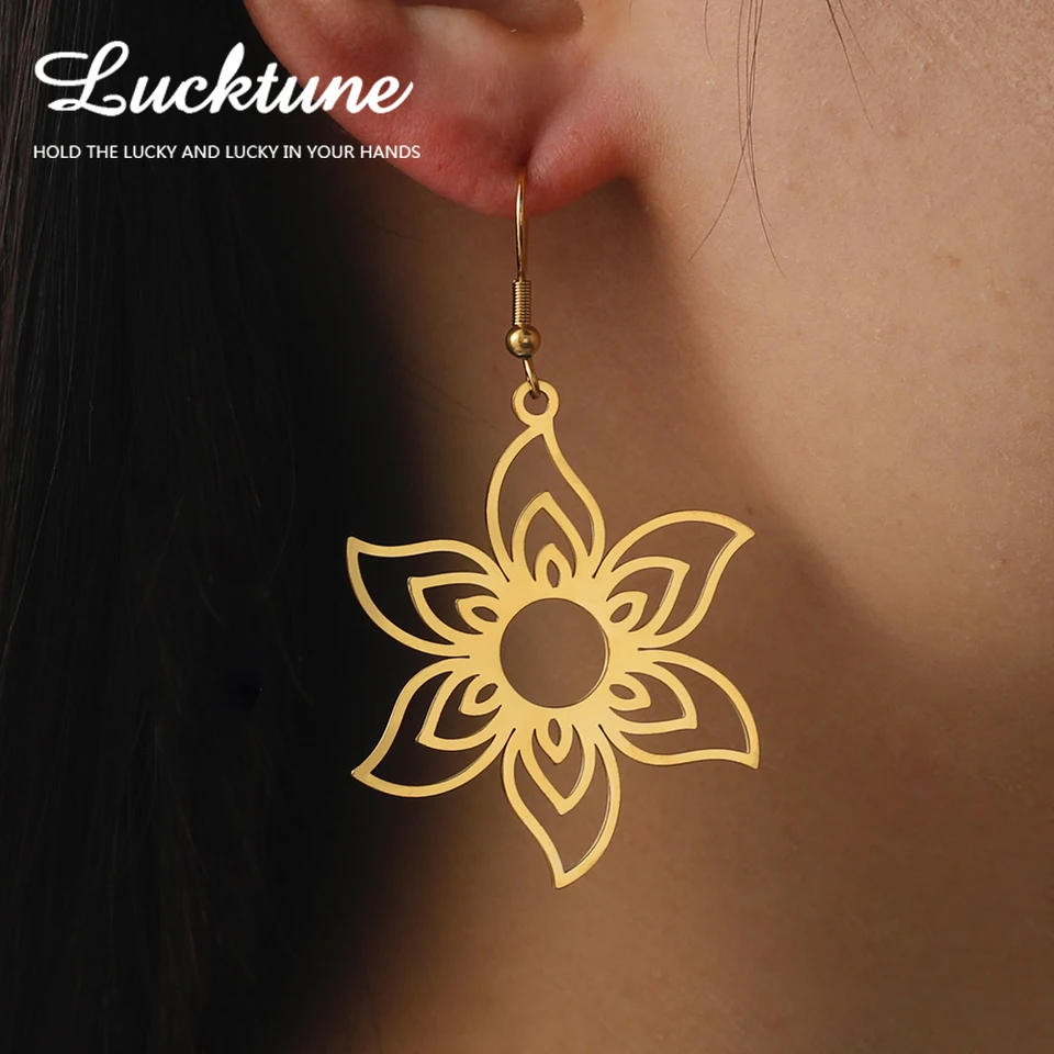 Lucktune Flower Drop náušnice pre ženy z nehrdzavejúcej ocele Zlatá farba Hyperbole kvety náušnice Nový trend boho šperky svadobný darček