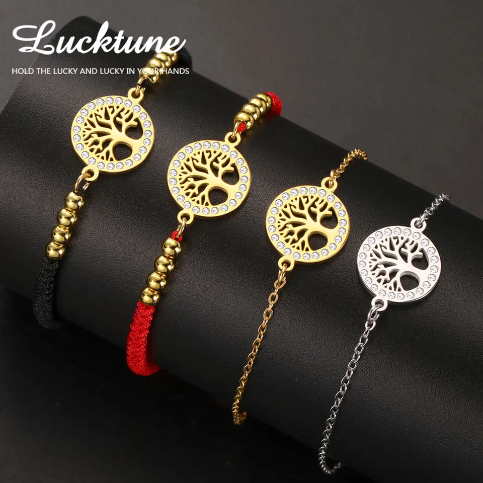 Lucktune Tree of Life náramky z nehrdzavejúcej ocele zirkón ručne vyrábané červené čierne kúzlo Náramok pre ženy