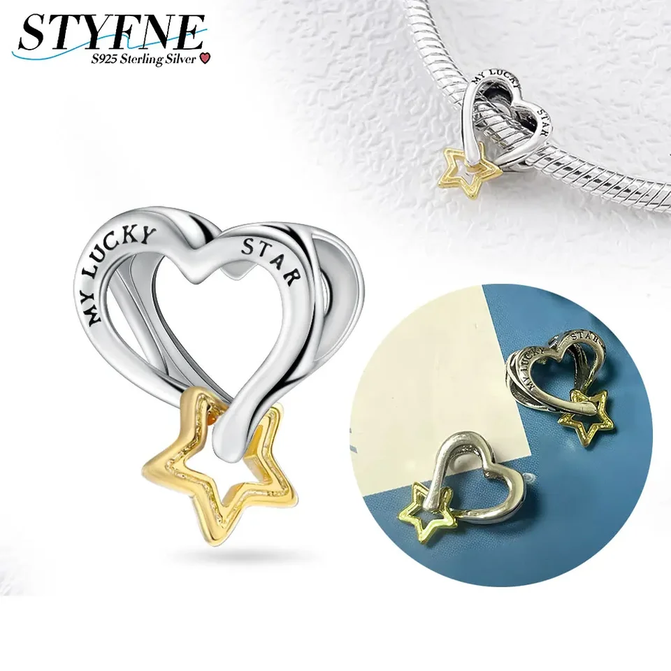 Lucky 925 Sterling Silver Star & Heart Charm Korálkový fit Pandora Originálny náramok DIY pre ženy na pamätný darček