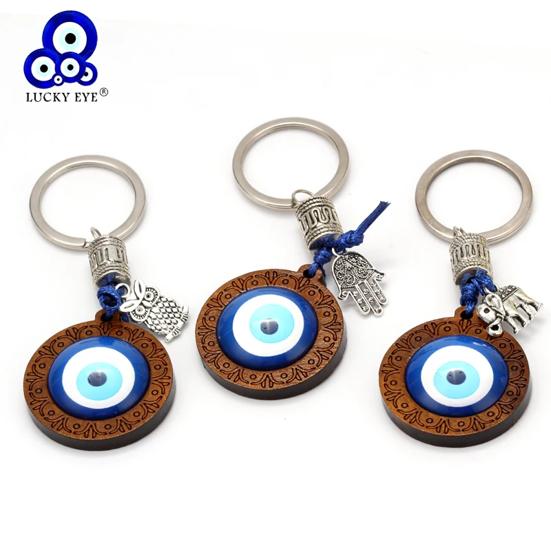 Lucky Eye Keychain Drevené turecké modré zlé oko prívesok Hamsa Hand Elephant Owl Charm Key Chain Šperky pre ženy Men Men car ey6296
