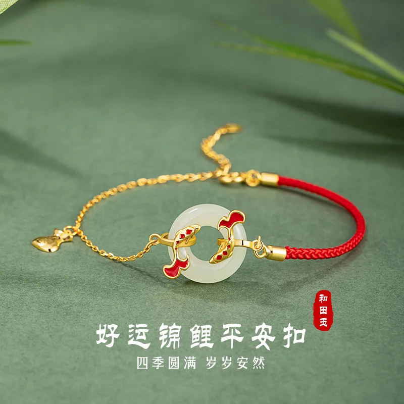 Lucky Koi Fish Sterling Silver Hottan Jade Nové čínske čínske čínske-chic tašku náramok v štýle mierovej sponky v štýle