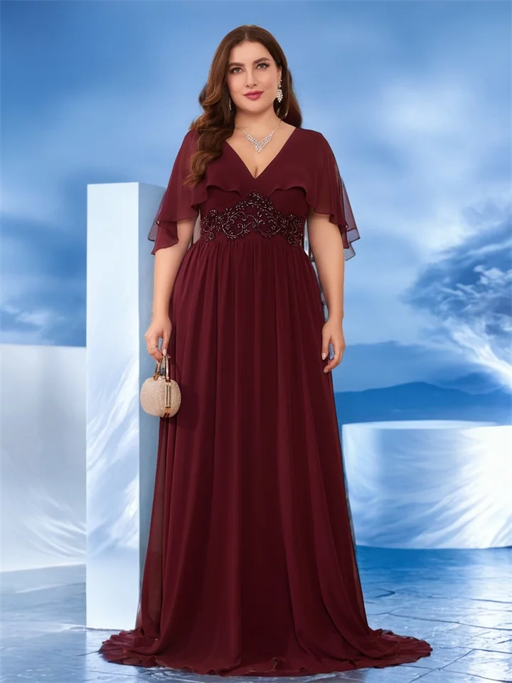 Lucyinlove plus veľkosť elegantného šifónu s krátkym rukávom Formálne večerné šaty dlhé luxusné ženy svadobné spoločenské šaty koktail Prom šaty