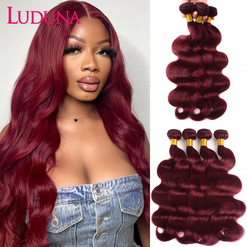 Luduna 99J ľudské vlasové zväzky Peruvian Burgundsko Body Wave Bundles 1/3/4 PCS zväzok Červená farba Virgin ľudské vlasy predlžovanie väzby
