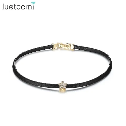 Luoteemi Nová módna ručne vyrábaná čierna koža s kubickou zirkónia hviezda korálky kúzlo Choker náhrdelník pre ženy