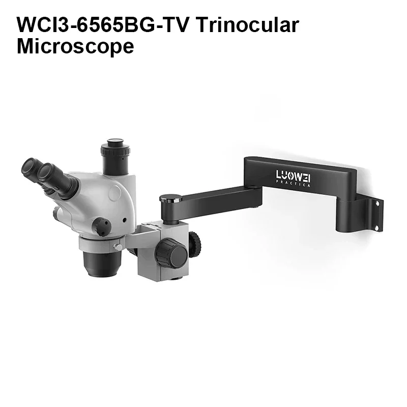 LUOWEI WCI3-6565BG-TV 6.5-65X Kontinuálny priblíženie Triokulárny mikroskop s vysokým rozlíšením s náklonom na stenu na opravu PCB pre opravu PCB