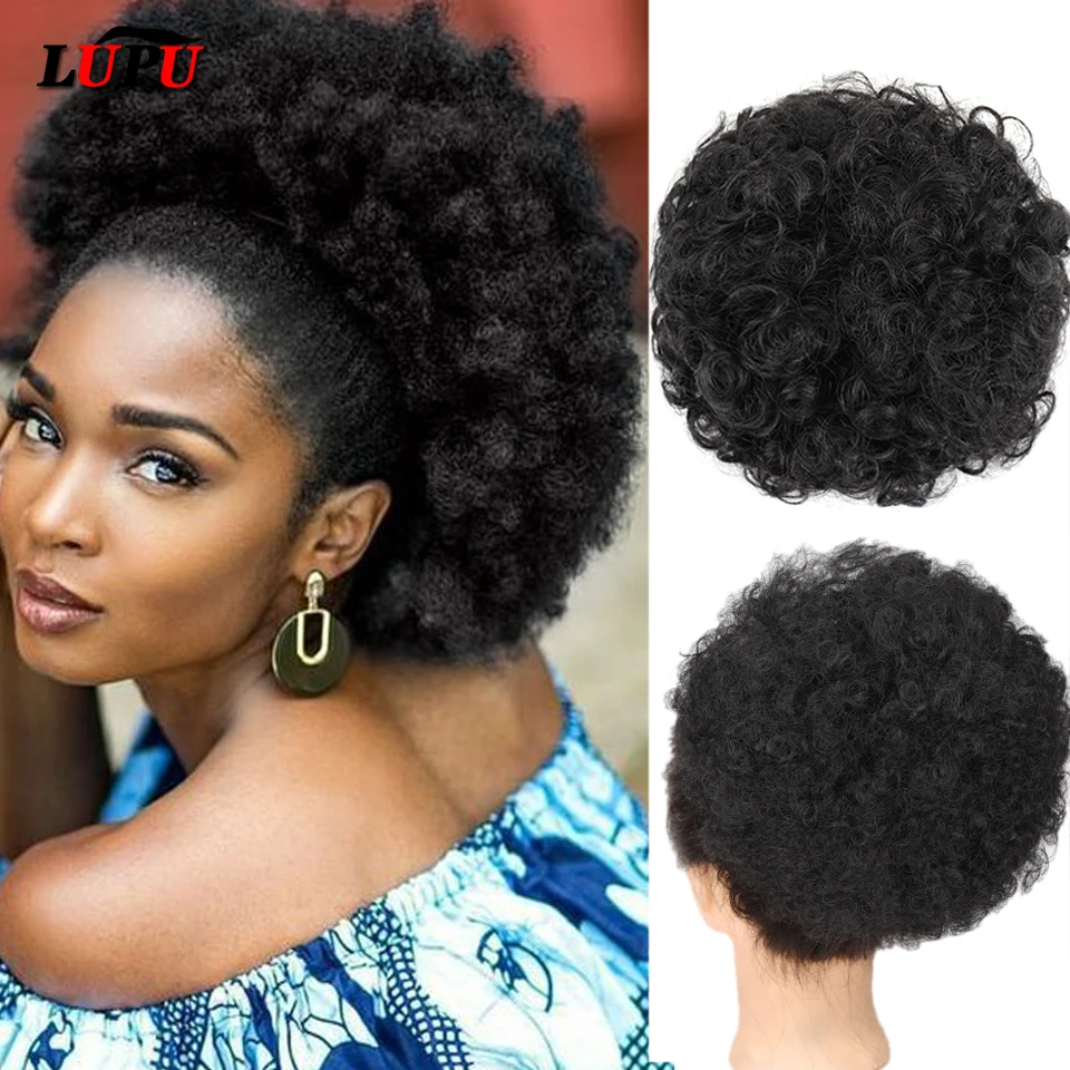 Lupu Syntetický chignon afro Puff Krátky kučeravé vlasové buchty sťahovacia buchta cop