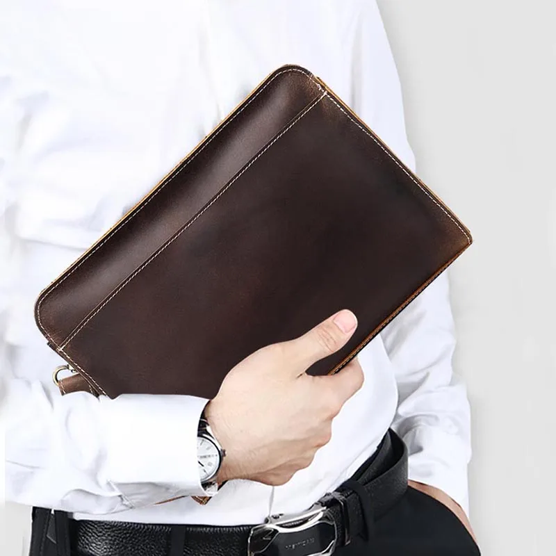 Luufan Men Originálne kožené ručné tašky na ručné spojky Mužský zipsový obchodný súbor Dokument Document pre iPad popruh spojky Veľká kapacita peňaženka