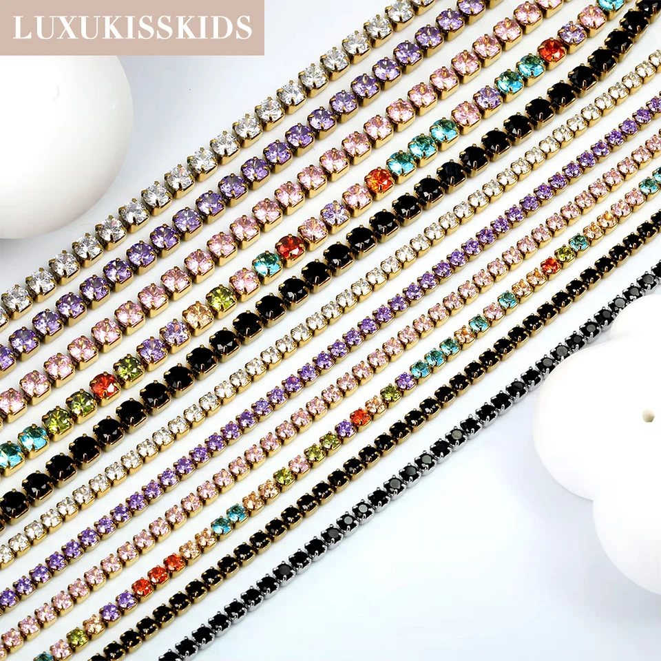 Luxukisskids Sterling 17 cm tenisové náramky 2 mm okrúhle kubické zirkónové luxusné náramok z nehrdzavejúcej ocele Pulzerá výročie darčekov