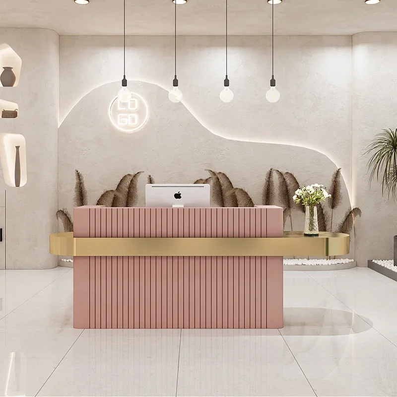 Luxusná kozmetická kadernica Salón Malý ružový predný stolík Zlato z nehrdzavejúcej ocele Cashier Desk Wooden Recepcia počítadla