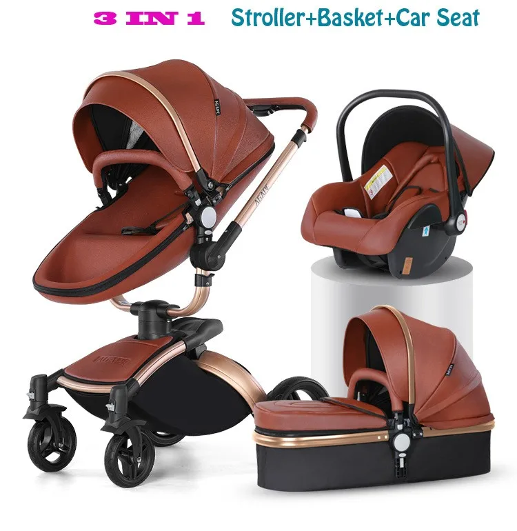 Luxusná koža 3 v 1 detský kočík obojsmerné odpruženie 2 v 1 kočík bezpečnostné autosedačky Novorodenec bassinet