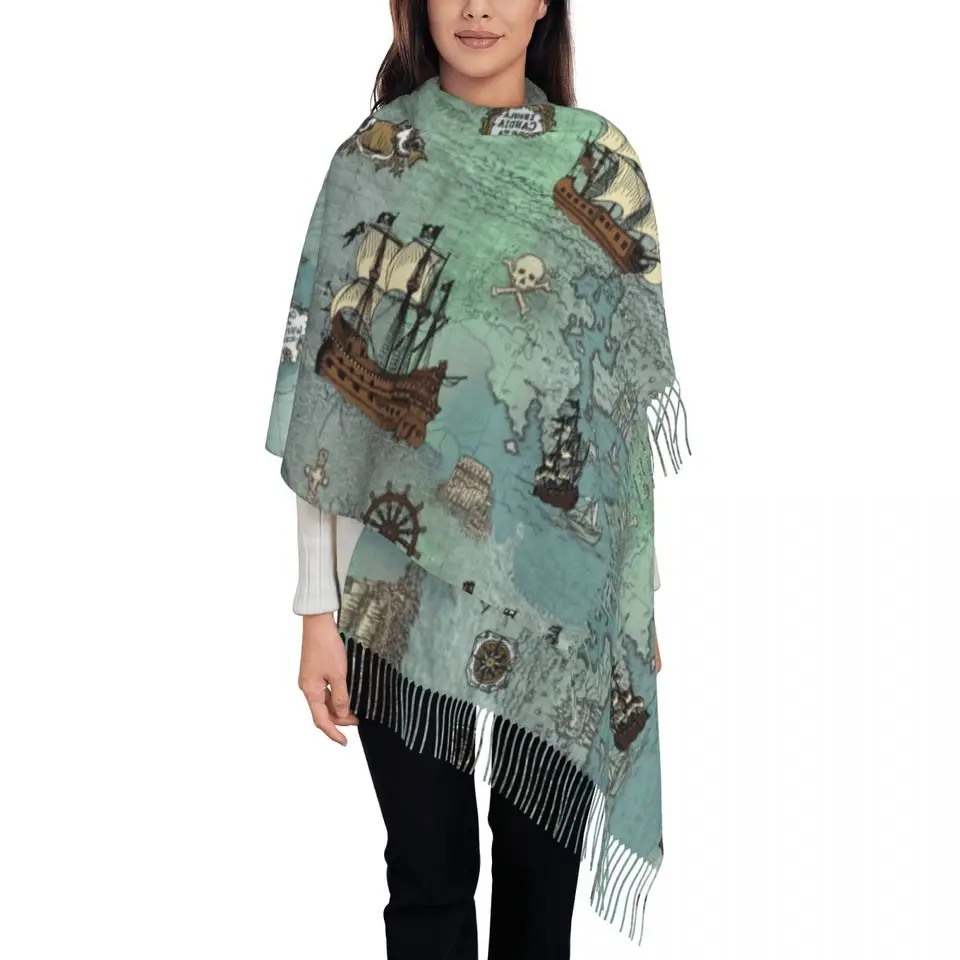 Luxusná pirátska mapa námorné morské tlače strapce šatky Ženy Zimný pád Warm Shawl Wrap Woman Lubal Sailo Scarves