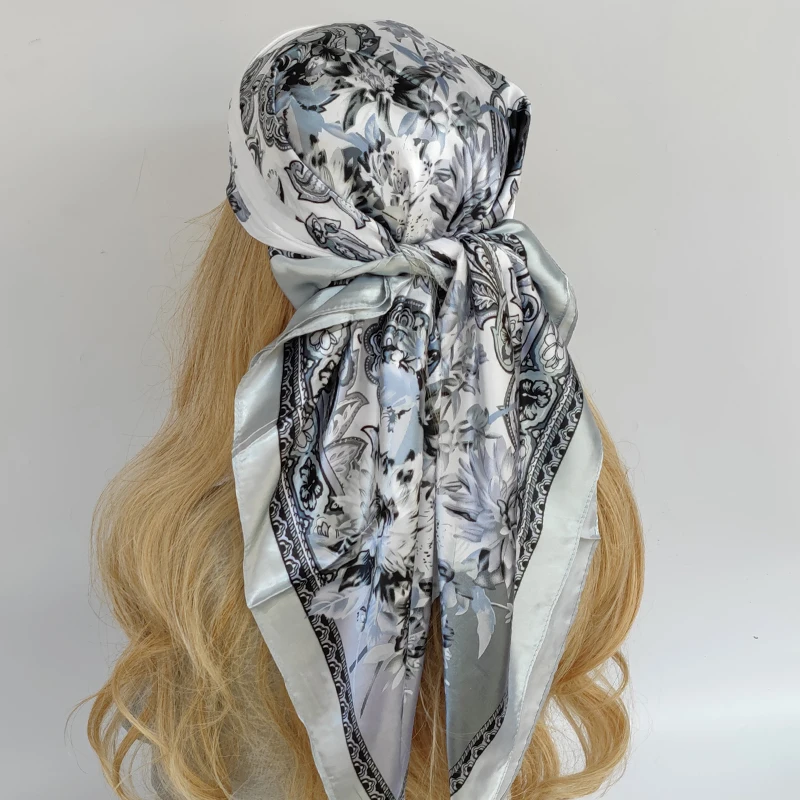 Luxusná značka hodvábny saténový štvorcový šál Ženy hidžáb bandana moslimské šatky šatky zábalové dámske čelenky na burkerchief fould 90 cm