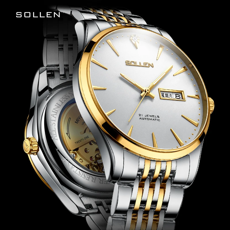Luxusná značka Sollen Japan Miyota 8205 Automatické mechanické pánske hodinky Sapphire Duálny kalendár ultra tenký puzdro hodiny SL9030