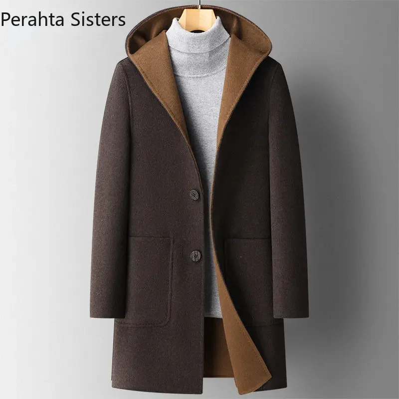 Luxusná špičková kvalita obojstranného vlnového zákopového plášťa pre mužov Jeseň Zimná móda stredná dĺžka s kapucňou Long Coat Man Clothing