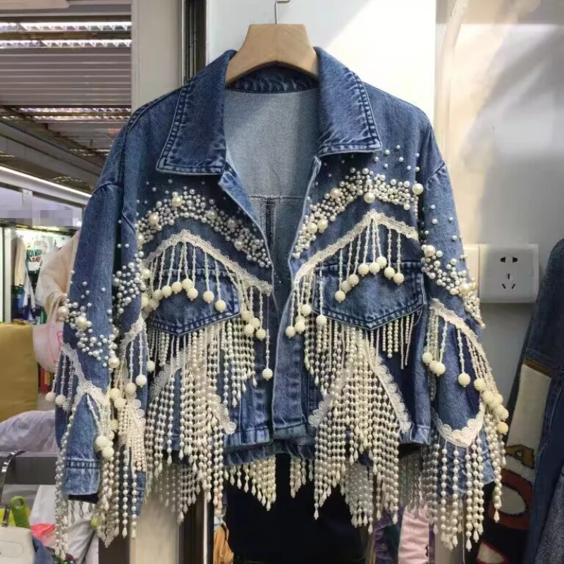 Luxusná žena perly korálkové strapce džínsové bunda perly strapce džínsy kabáty korálky kovbojové streetwear tuin down topy