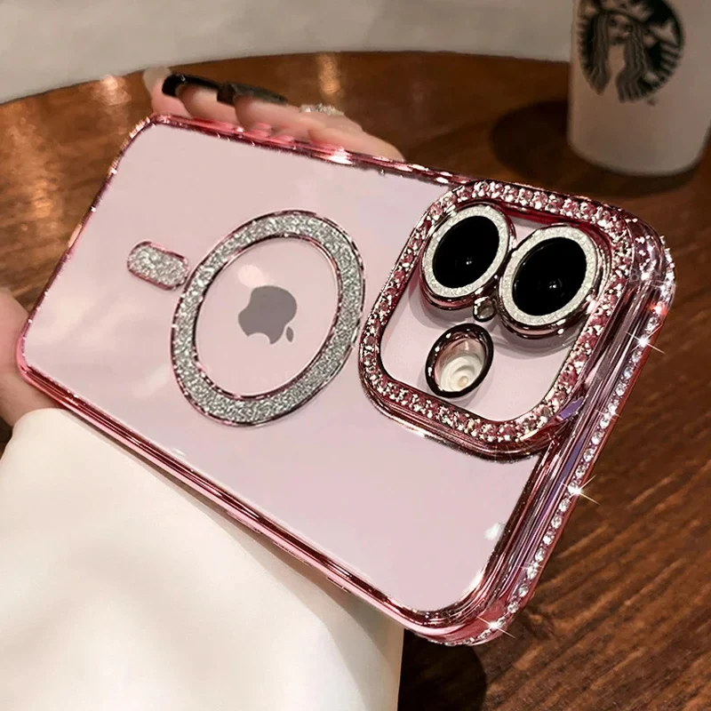 Luxusné 16 ružové trblietavé diamantové priehľadné puzdro pre iPhone 16 15 14 13 12 11 Pro Max Plus Magnetický bezdrôtový nárazník