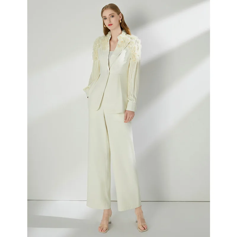 Luxusné 2 -kusové súpravy Ženy jarné leto 3d kvetinové blazers coats široké nohavice oblečené krištáľové elegantné kvalitné zodpovedajúce sady