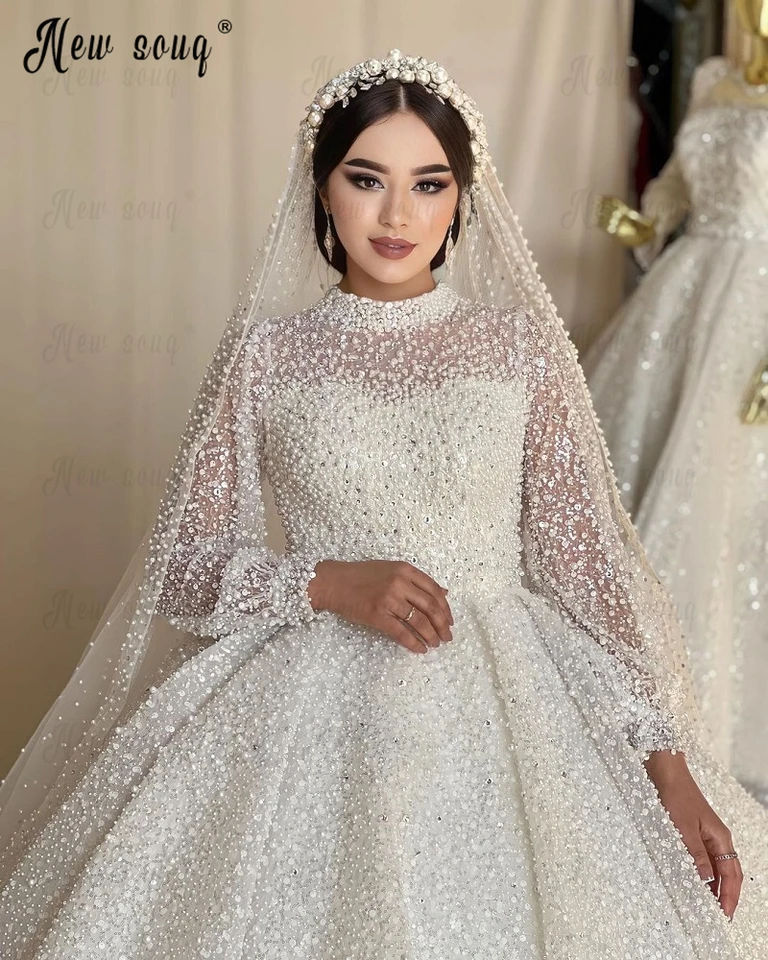 Luxusné 2023 Svadobné šaty Moslimský rolák plnú korálkovú perly svadobné šaty na mieru vyrobené plus veľkosť Vestido de Casamento Dubaj 202