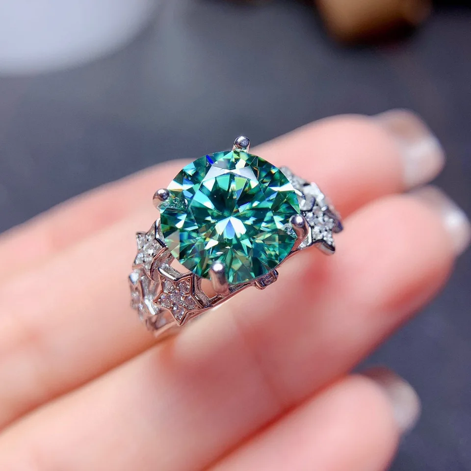 Luxusné 5 karátov strieborná farba vytvorená zelená modrá imitovaná Moissanit Gemstone nastaviteľné prstene pre ženy darčeky na zásah do šperkov