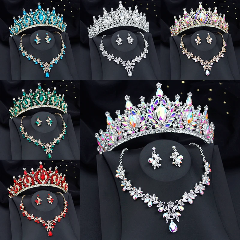 Luxusné AB Crystal Water Drops Svadobné šperky a Tiaras Korunové náhrdelník Náušnice Svadobné šaty Šperky Set Príslušenstvo