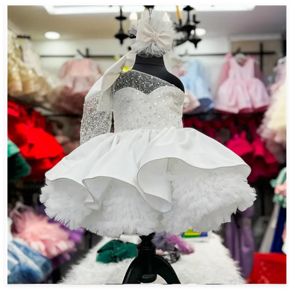 Luxusné dievčatko svadobné šaty luk modré párty šaty s odstupňovaným typom rukávov Puffy Flower Girl Šaty pre svadby