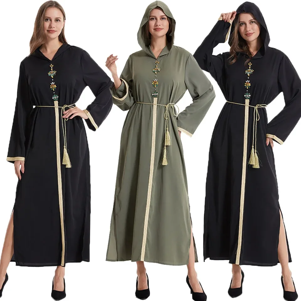 Luxusné dubaj ručne šité diamanty abaya s dlhým rukávom Dámske večierky Djellaba maxi šaty moslimské arabské rúž Kaftan Turecko večerné šaty