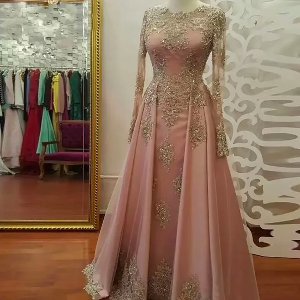 Luxusné elegantné zlaté aplikácie Line čipka s dlhým rukávom okrúhly krk plus veľkosti večerné šaty formálne príležitosti ples šaty prispôsobené