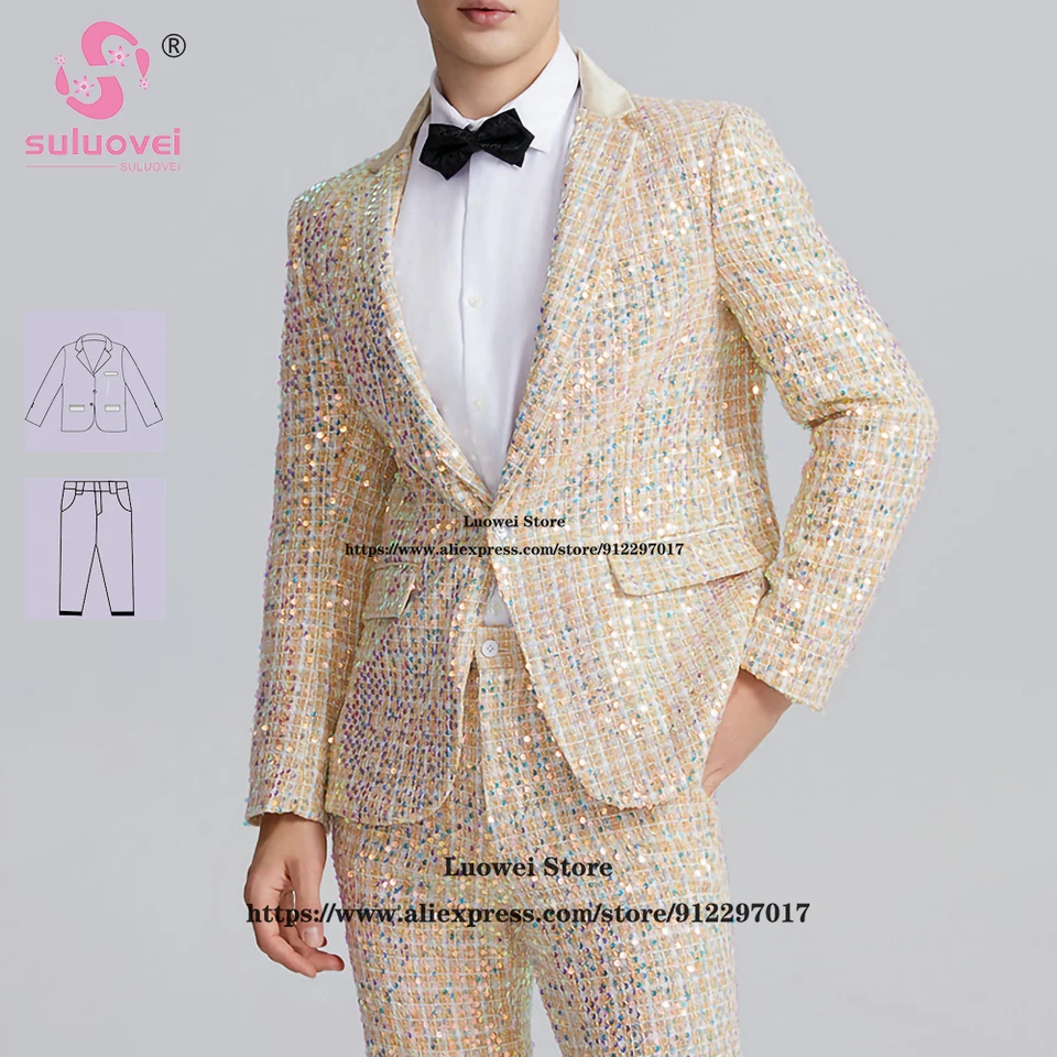 Luxusné flitry hrubé látky Slim Fit Suits for Men Elegantné 2 -kusové nohavice Set Formal Groom Svadobná strana zárez