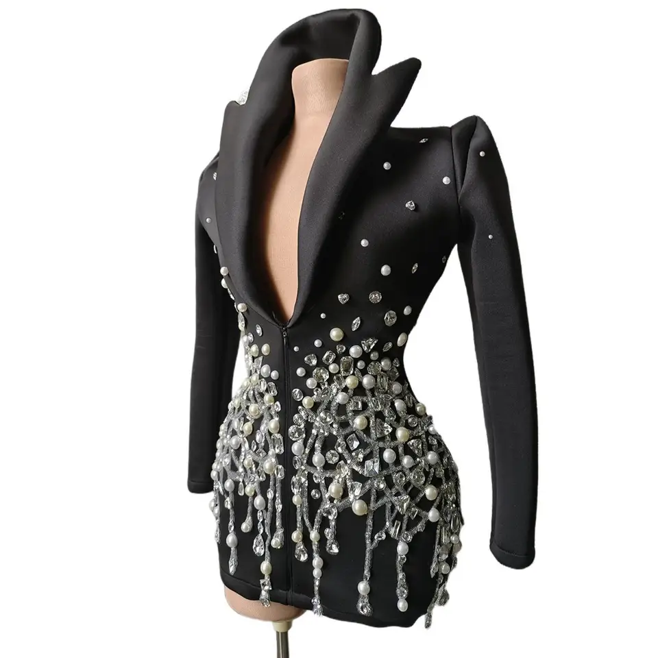 Luxusné kamienky obleky Ženy Jazz Dancer Performance Costume Čierny módny nočný klub Party šaty mini koktail šaty
