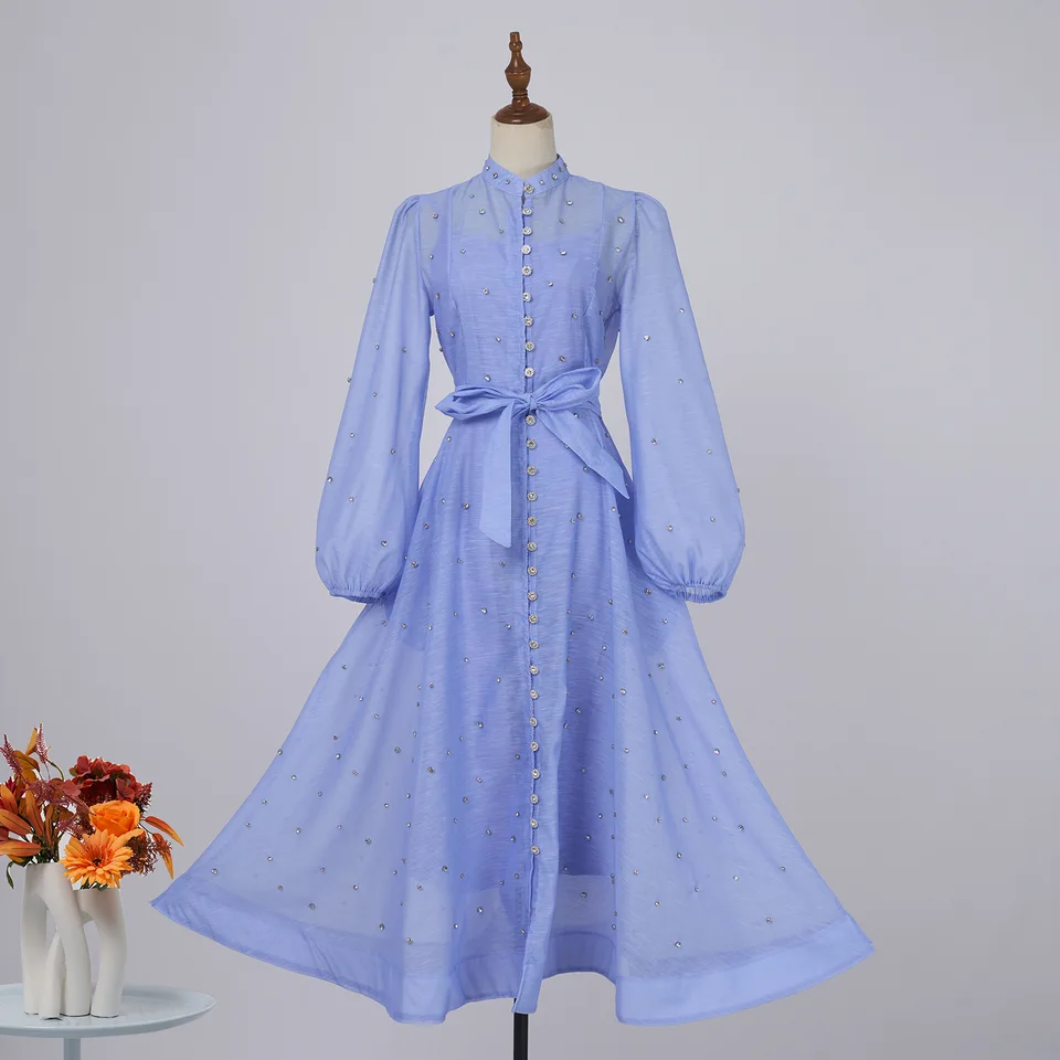 Luxusné korálkové diamantové gombíky Otvorené sklzové šaty Dámske stojan Single Breast Long Lantern Ruckve Prom Svadobná strana Vestido