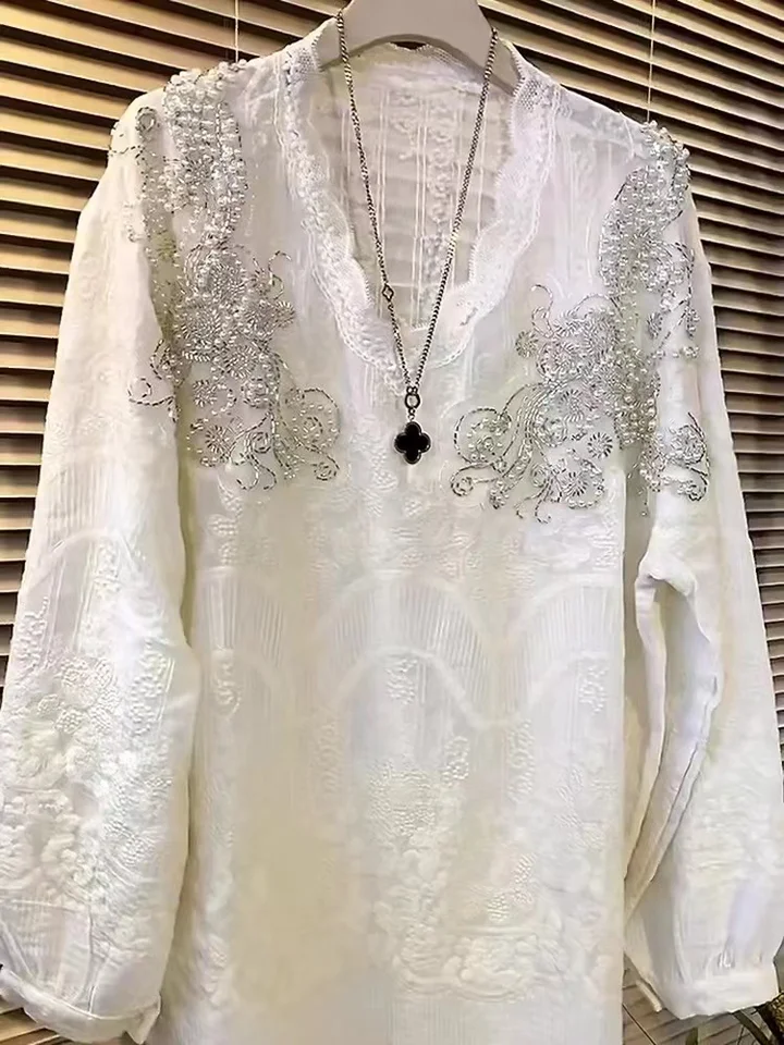 Luxusné korálkové korálkové diamanty steh camisas čipky vyšívacie blúzky košele dám voľný V-krk dlhé rukávy Blusas tops 2024