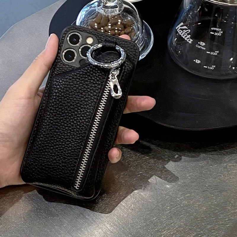 Luxusné kožené zrno so zlatými prsteňovými kartami pre paketové puzdro pre iPhone 16 15 14 13 12 11 Pro Max x xr xs 16max plus+ krycia peňaženka