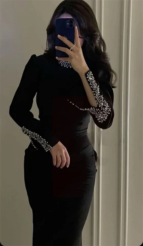 Luxusné krištáľové večerné šaty Čierny vysoký krk s plným rukávom obväzy Prom Dress Formálne červený koberec Formálna narodeninová sukňa