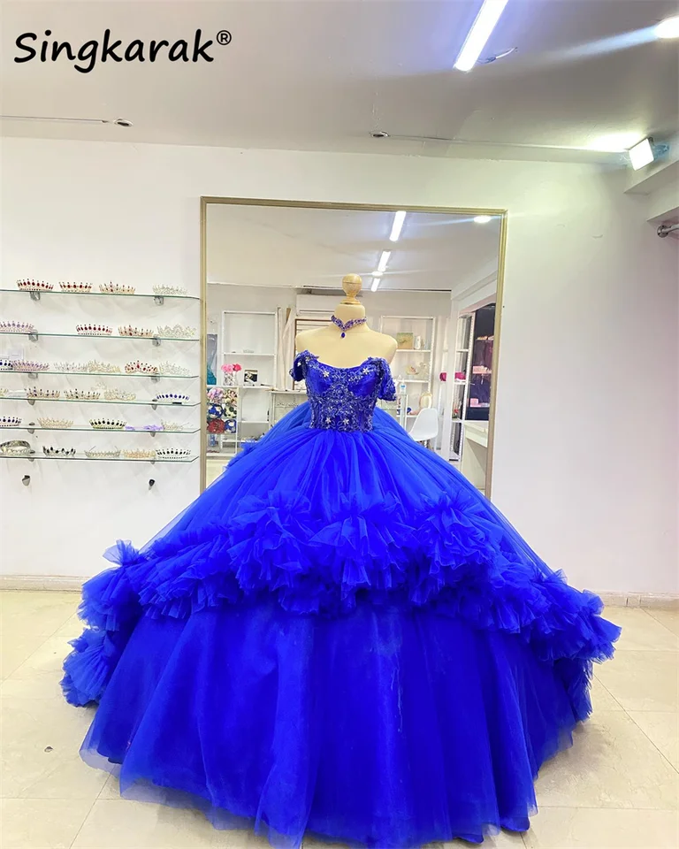 Luxusné kráľovské modré loptové šaty quinceanery šaty svrbenie aplikak brány mexická narodeninová oslava 16 šaty súdu súdu vlak