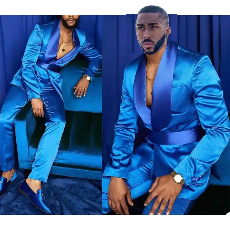 Luxusné kráľovské modré muži obleky Vysoko kvalitný svadobný kostým Homme Shawl klope Belt Prom Party Party 2 -Petle Bunder Pants Blazer