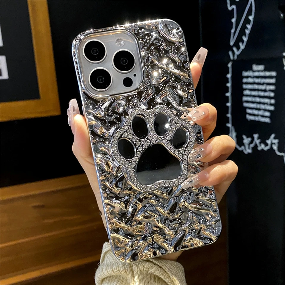 Luxusné pokovovacie zrkadlo Cat Paw Grip Puzdro pre iPhone 15 Pro Max 13 12 11 14 Plus Elektroplatizovaný protiškľový kremíkový kryt kremíka