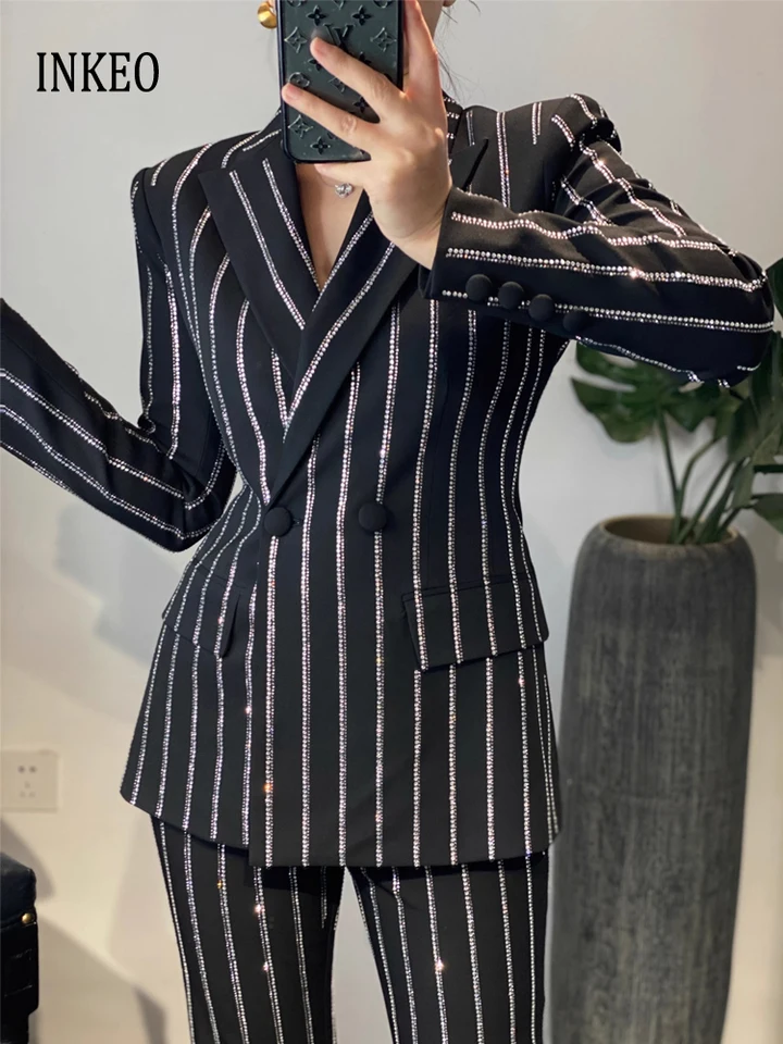 Luxusné pruhované 2 -kusové súprava pre ženy Dvojitý Blazer Blazer a Flare Pants 2024 Autumn Winter Office Lady Suit 4o083